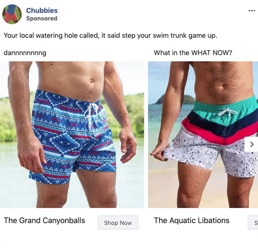 Two men modeling colorful swim trunks, one in blue patterned shorts labeled "The Grand Canyonballs" and the other in striped green, white, pink, and blue shorts labeled "The Aquatic Libations.