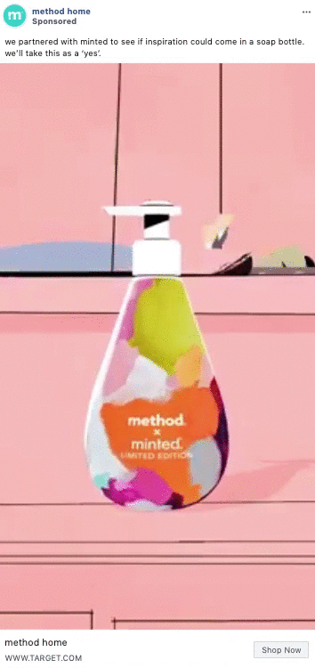 A bottle of Method x Minted limited edition soap with a colorful abstract design sits on a pink countertop.