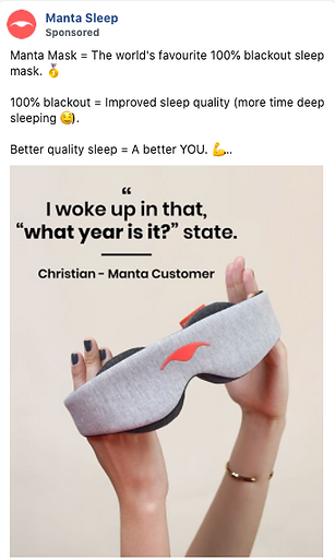 Person holds a gray Manta Sleep mask with a red logo; text in background reads, "I woke up in that, 'what year is it?' state. Christian - Manta Customer.