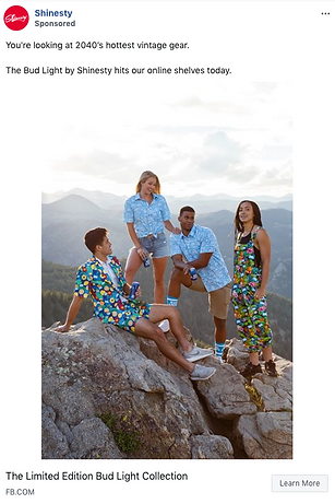 Four people wearing colorful Bud Light-themed outfits pose on a rocky mountain overlook with a scenic background of hills and sky.