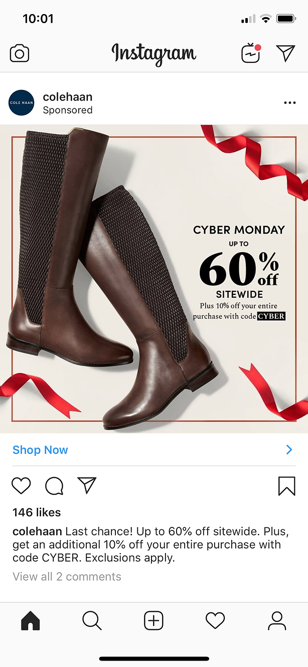 A pair of brown riding boots with textured black sides is displayed next to text advertising up to 60% off sitewide for Cyber Monday, with an extra 10% off using code CYBER.