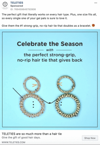 Image shows two sets of glittery hair ties arranged to resemble snowmen, with added dots for eyes, buttons, and a carrot-like nose on a light blue background. Text promotes TELETIES hair ties.