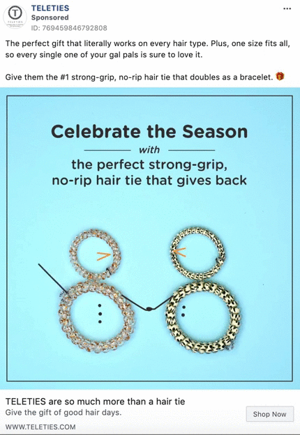 Image shows two sets of glittery hair ties arranged to resemble snowmen, with added dots for eyes, buttons, and a carrot-like nose on a light blue background. Text promotes TELETIES hair ties.