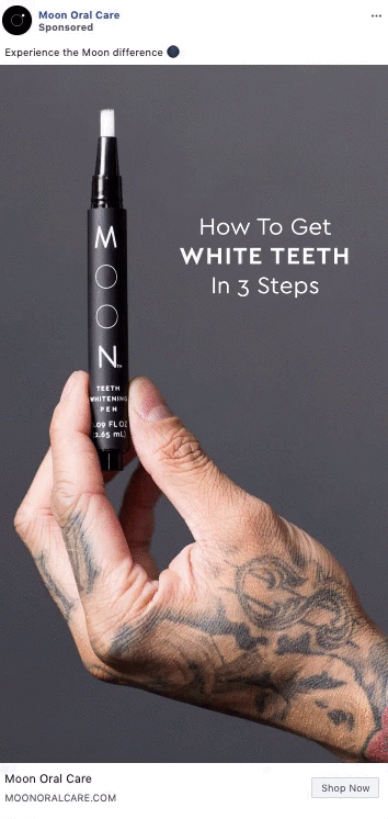 A tattooed hand holds a Moon Oral Care teeth whitening pen upright against a gray background, with text reading "How To Get WHITE TEETH In 3 Steps.