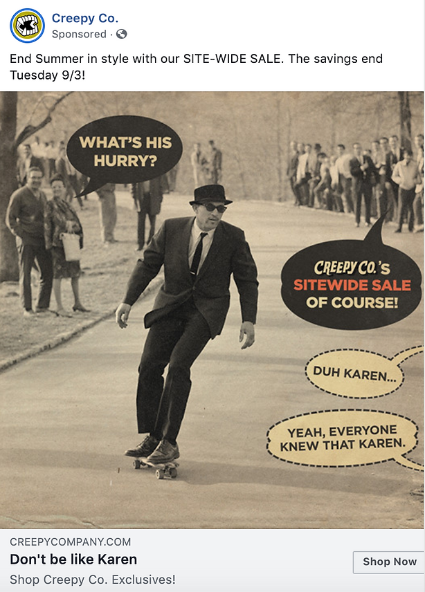 A man in a suit and hat skateboards down a path, while people on the side watch and comic-style speech bubbles advertise a sitewide sale.