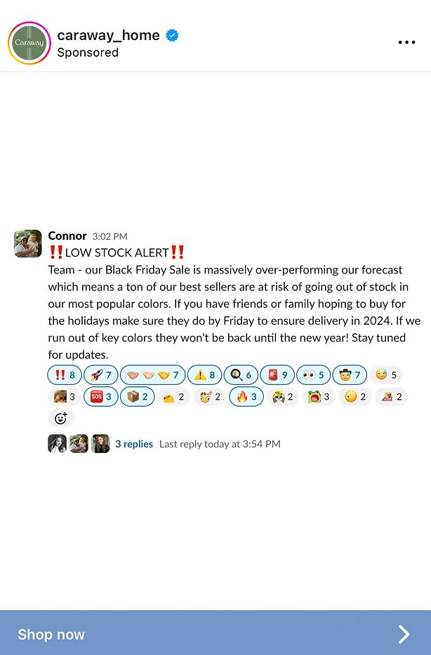 A Slack message warns of low stock for Caraway’s Black Friday Sale and urges team members to act quickly to ensure delivery in 2024.