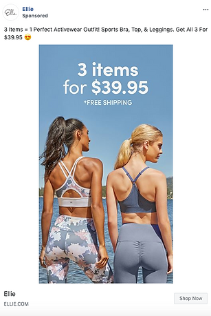 Two women wearing matching sports bras and leggings stand outdoors by the water, promoting a deal for 3 activewear items for $39.95 with free shipping.