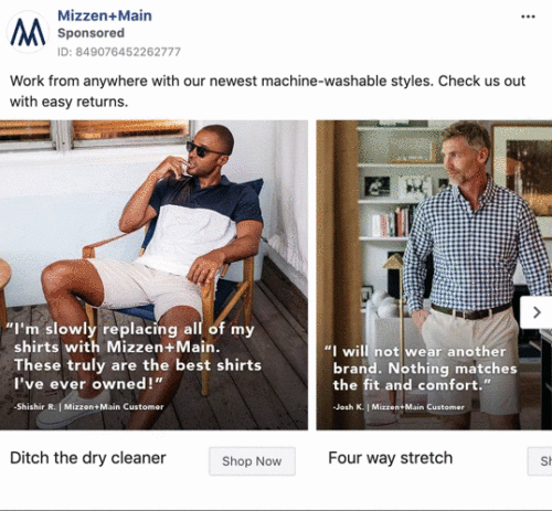 Two men model Mizzen+Main shirts in different settings; one sits casually in sunglasses, the other stands near a window. Customer reviews and product features are displayed below each image.