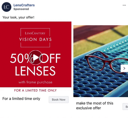 LensCrafters ad shows "50% off lenses with frame purchase" offer and a pair of red glasses on a tennis court background.