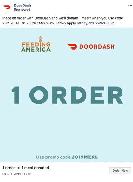 DoorDash and Feeding America promotion: For each order using code 2019MEAL, one meal is donated; $15 order minimum required.
