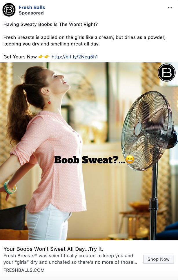 A woman stands in front of a fan with her head tilted back, eyes closed, and arms raised, enjoying the cool air. Text overlay reads “Boob Sweat?...” with a sweating emoji.