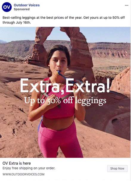 A woman in a pink activewear set drinks from a hydration tube in front of a desert rock arch. Text overlay promotes up to 50% off leggings from Outdoor Voices.