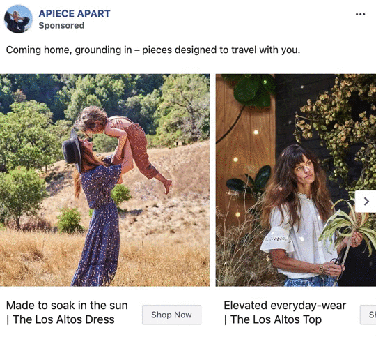 Two images: On the left, a woman lifts a child outdoors in a grassy field; on the right, a woman indoors holds a leafy plant. Both are wearing casual dresses.