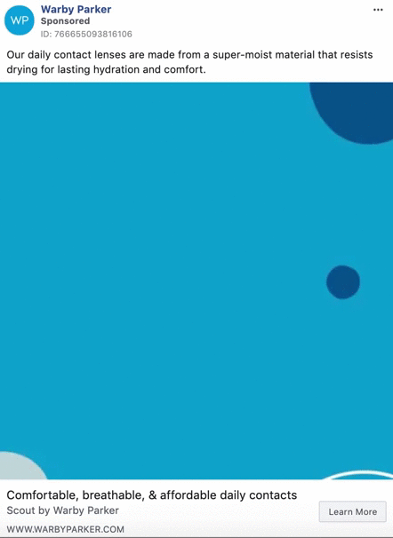 Warby Parker ad promoting daily contact lenses, highlighting hydration and comfort, with a blue background featuring abstract circles and product text at the bottom.
