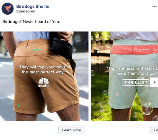 Two men model Birddogs shorts, each displaying a quote about comfort from reviewers, standing outdoors with the brand logo visible on the waistband.