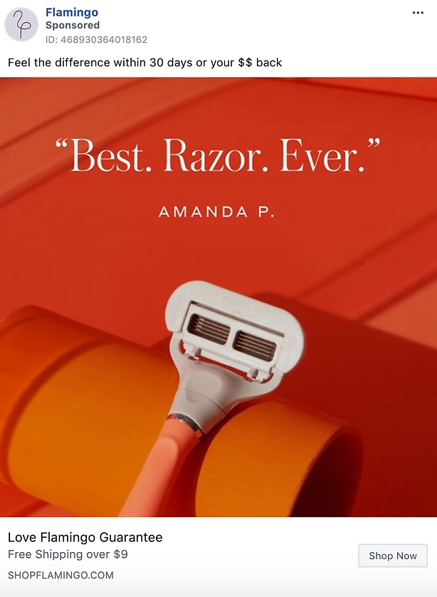 A pink razor is displayed on an orange surface with the quote "Best. Razor. Ever." by Amanda P. above it. Text promotes a money-back guarantee and free shipping offer.