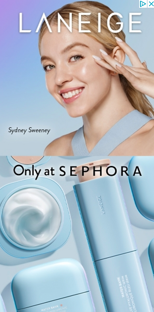 Sydney Sweeney poses with Laneige skincare products, shown in light blue packaging, in an advertisement for Sephora.