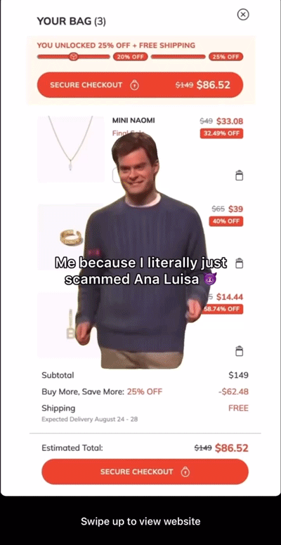 A shopping cart screen displays discounted jewelry items. A person is edited in front, with text saying, "Me because I literally just scammed Ana Luisa.