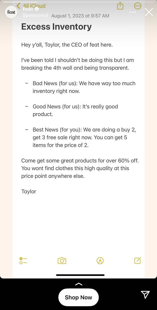 A message from Taylor, CEO of feat, explaining excess inventory and promoting a buy 2, get 3 free sale on clothing, with discounts over 60%.