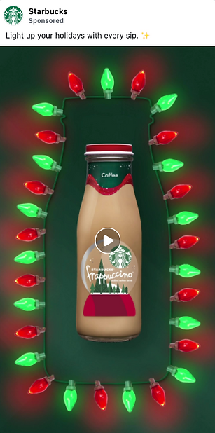 A Starbucks bottled Frappuccino is surrounded by a frame of red and green holiday lights against a dark green background.