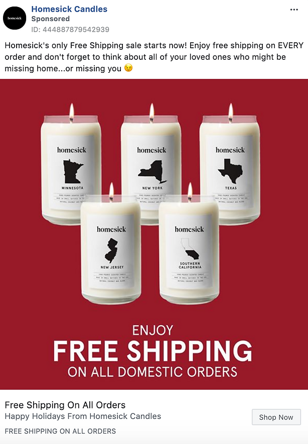 Four Homesick Candles labeled Minnesota, New Jersey, New York, and Southern California are displayed on a red background with text offering free shipping on all domestic orders.