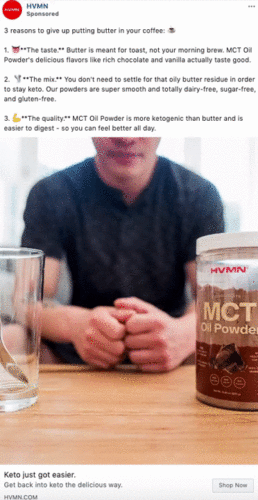 A person sits at a table with a jar of MCT Oil Powder in the foreground. Text above lists reasons to use MCT Oil Powder instead of butter in coffee.