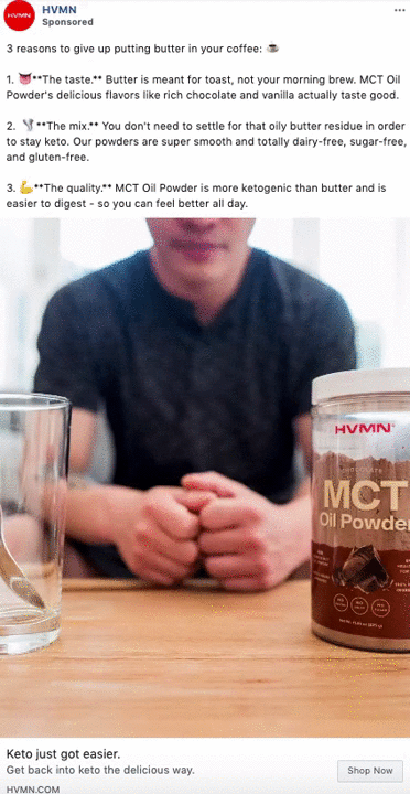 A person sits at a table with a jar of MCT Oil Powder in the foreground. Text above lists reasons to use MCT Oil Powder instead of butter in coffee.