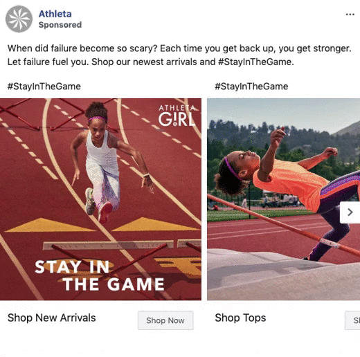 Two images of girls running and jumping on sports tracks, promoting athletic wear with the text "Stay In The Game" and options to shop new arrivals and tops.