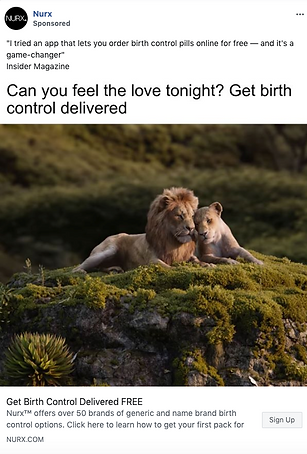 A lion and a lioness sit together on a grassy hill. Text above promotes an app for ordering free birth control pills online from Nurx.