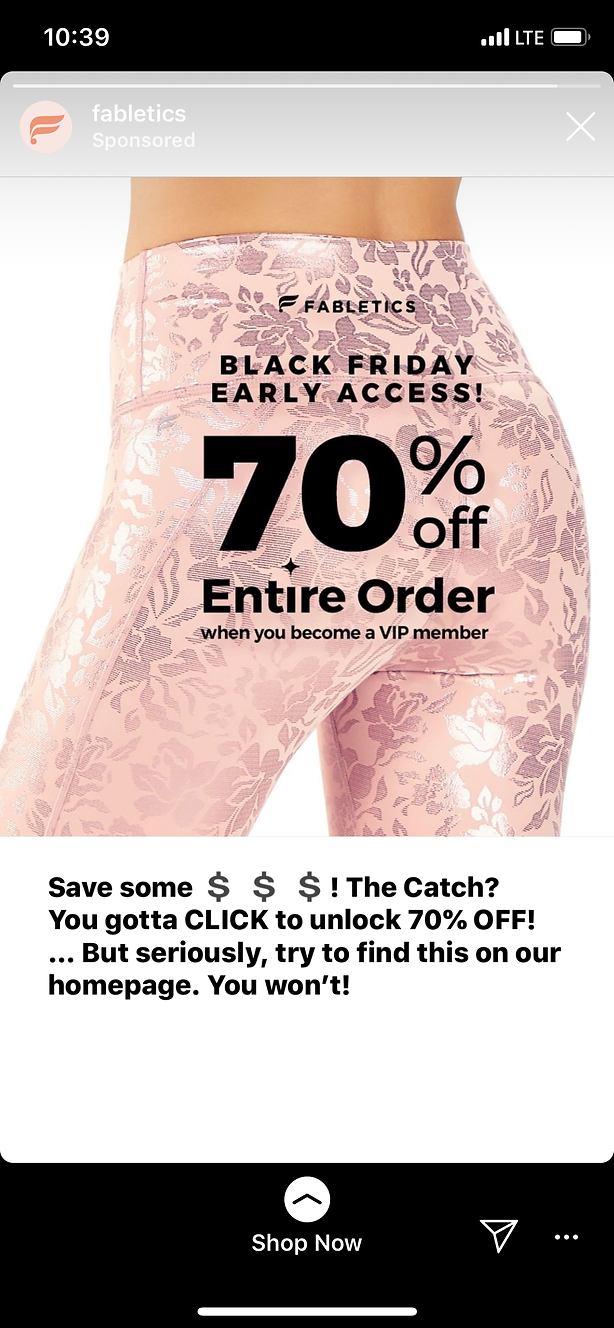 Woman wearing pink patterned leggings; text overlay advertises Fabletics Black Friday early access sale with 70% off entire order for new VIP members.