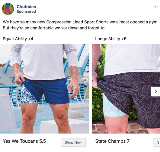 Two men stand side by side, each wearing different patterned Chubbies sport shorts. One man pulls his shorts to show compression lining underneath. Text describes squat and lunge ability.