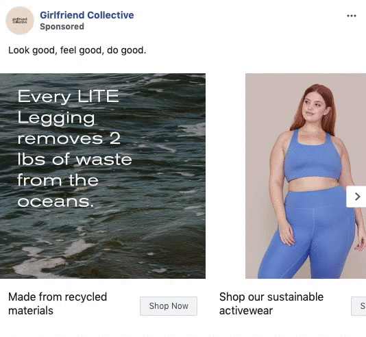 Facebook ad for Girlfriend Collective showing text about leggings removing ocean waste, a photo of a woman in blue activewear, and buttons to shop recycled materials and sustainable activewear.
