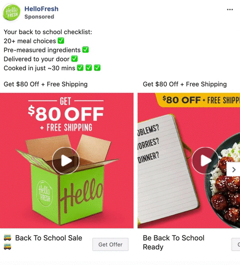 HelloFresh ad showing a green meal kit box and a plate of food. Text highlights back to school meal options, $80 off, and free shipping. Two video thumbnails are included.