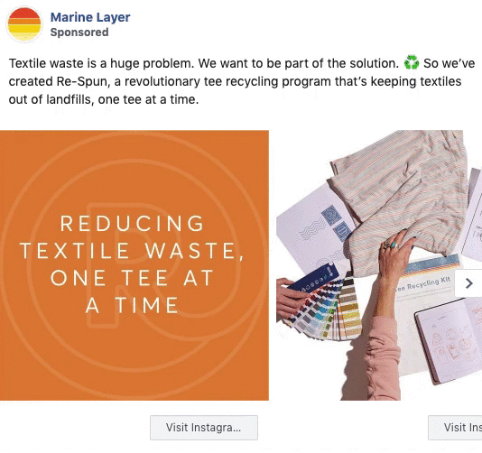 Marine Layer ad featuring text about reducing textile waste and an image of a shirt, recycling kit, and color swatches, promoting a tee recycling program.