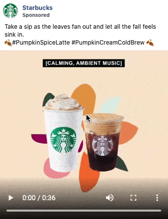 Two Starbucks drinks, a Pumpkin Spice Latte and a Pumpkin Cream Cold Brew, are displayed against a beige background with colorful leaf shapes. Text and hashtags promote fall flavors.