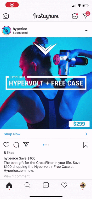 A person uses a Hypervolt massage device on their back; text advertises "Hypervolt + Free Case" for $299 with "Shop Now" button and savings message.