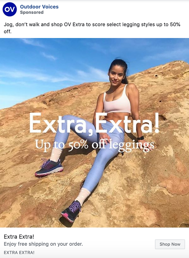 A woman in athletic wear sits on a rocky surface outdoors, with text overlay promoting up to 50% off select leggings from Outdoor Voices.