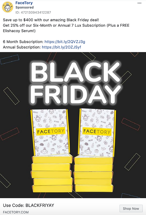 Advertisement for FaceTory’s Black Friday deal featuring stacked yellow subscription boxes and large “BLACK FRIDAY” text, with promotional details and a discount code shown.