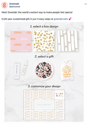 A step-by-step guide shows how to create a custom Greetabl gift: choose a box design, select a gift, and personalize the message and layout.