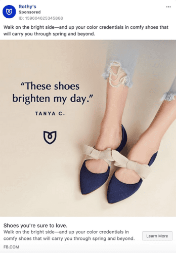 A person wearing navy blue pointed-toe flats with light pink bows sits on a beige surface, with the quote "These shoes brighten my day." by Tanya C. displayed beside their feet.