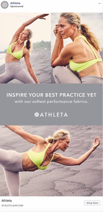 Woman wearing a neon sports bra and gray leggings performs yoga and stretching poses outdoors; Athleta ad mentions soft performance fabrics.