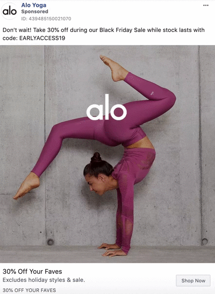 A woman in a purple athletic outfit performs a handstand with her legs arched overhead. The Alo Yoga logo is centered over her body. Text advertises a 30% off Black Friday sale.