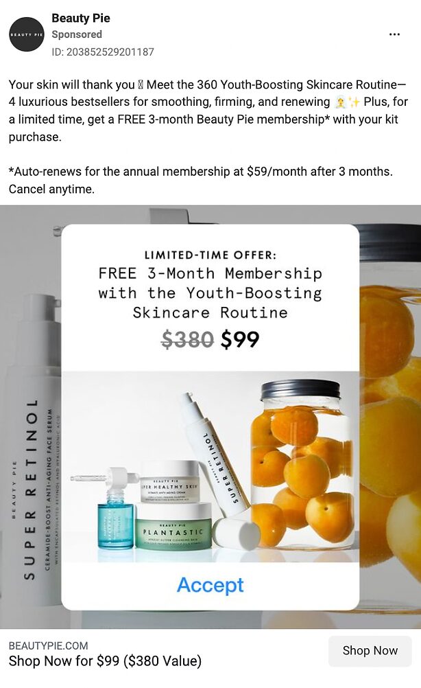 Promotional ad for Beauty Pie featuring skincare products, oranges, and an offer for a free 3-month membership with the 360 Youth-Boosting Skincare Routine purchase.