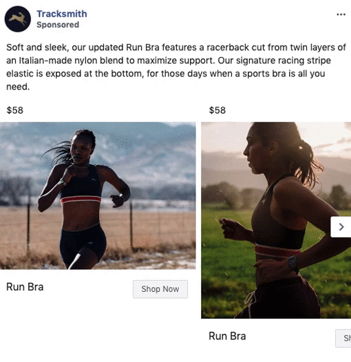 Two women are running outdoors, each wearing a black sports bra with a red and white stripe around the band. The product is labeled as "Run Bra" and priced at $58.