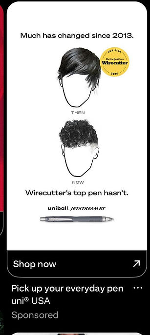 Side-by-side sketches show a straight hairstyle labeled "Then" and a curly hairstyle labeled "Now," with a pen below and text promoting the uni-ball Jetstream RT pen.