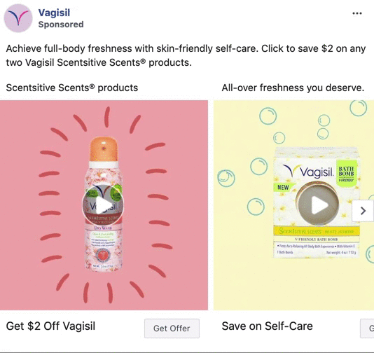 Two Vagisil products are shown: a spray can on a pink background and a bath bomb box on a yellow background, each with a play button and discount offer.
