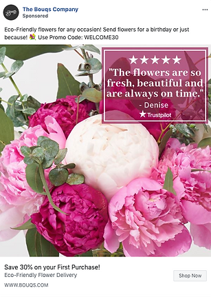 A bouquet of pink and white flowers with a customer review overlay praising the freshness and timely delivery. Promo code and details for 30% off eco-friendly flower delivery shown.