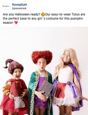 Three young girls dressed in Halloween costumes, each wearing a colorful tutu and accessorized as different characters, stand against a white background.