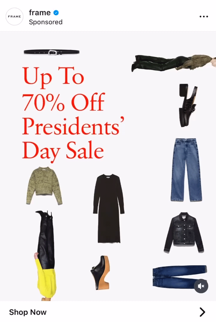 Advertisement for Frame's Presidents' Day Sale with various clothing items and shoes surrounding red text stating "Up To 70% Off Presidents’ Day Sale.