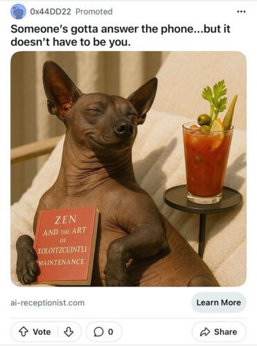 A hairless dog lounges on a chair, holding a book titled "Zen and the Art of Xoloitzcuintli Maintenance," with a Bloody Mary on a side table nearby.